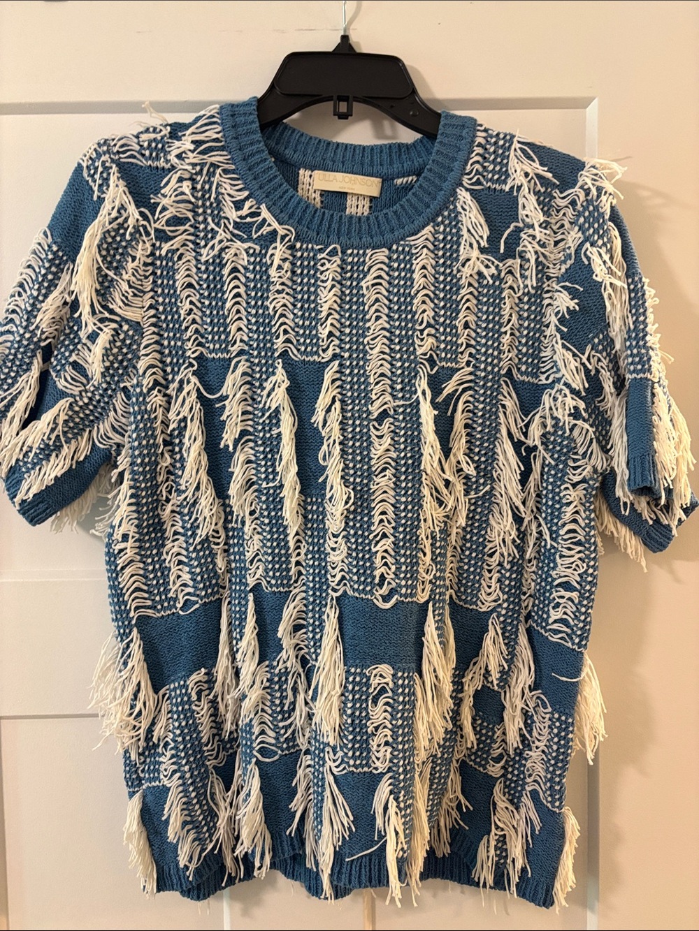 Ulla Johnson Blue and Cream Fringe Knit Short Sleeve Sweater